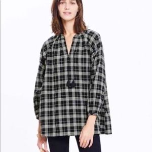 Madewell Plaid Peasant Tassel 3/4 Sleeve Blouse